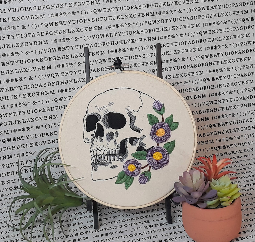 skull with purple roses embroidery